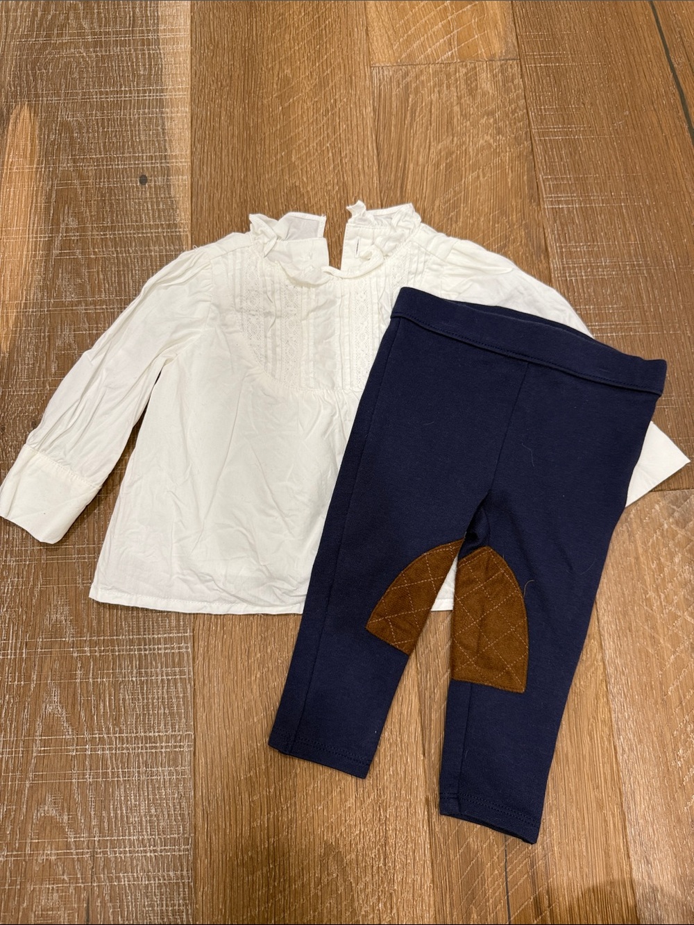 Janie and Jack White Ruffle Blouse with Navy Leggings and Brown Elbow Patch